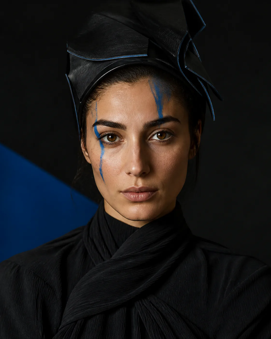 Staged character example: a woman in a black costume with cat ears